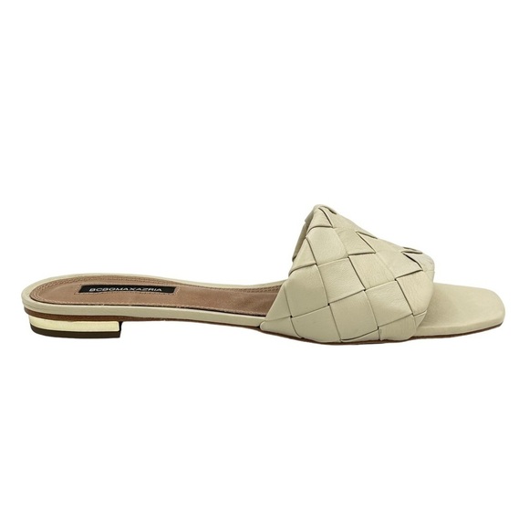 BCBGMAXAZRIA Women's Woven Leather Slide Flat Sandals Gold Heel Detail Size 7.5 - Picture 1 of 6
